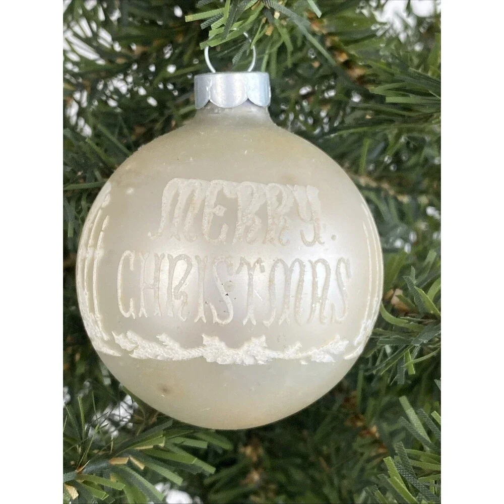 Vintage White Made USA MERRY CHRISTMAS Mica Stenciled Ball Ornament Holiday